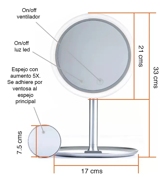 Espejo LED 3 en 1 con Luz + Lupa 5x y Ventilador - Imagen 8